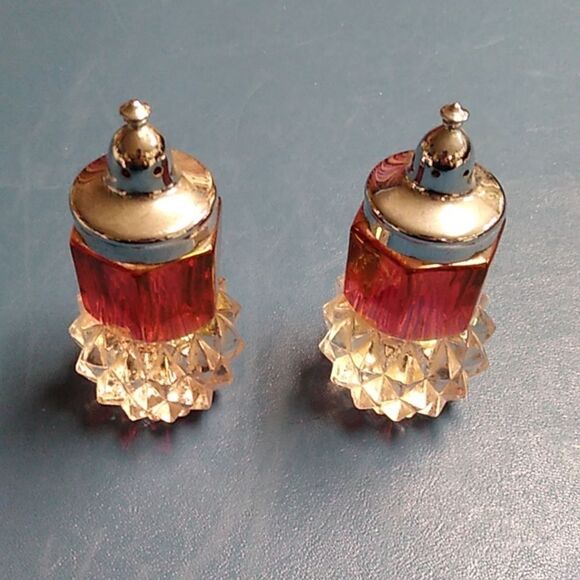 Indiana Glass Silver & Ruby Red Diamond Point Salt and Pepper Shakers - Picture 2 of 4